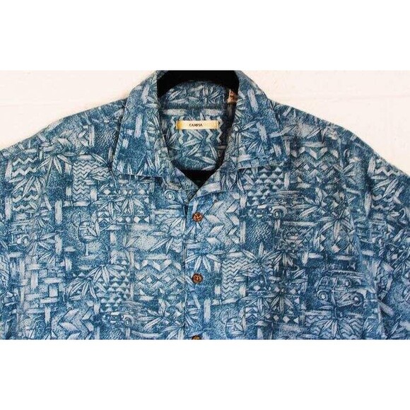 Campia XL Blue Hawaiian Palm Trees Geometric Button Front Short Sleeve Shirt - Picture 3 of 3